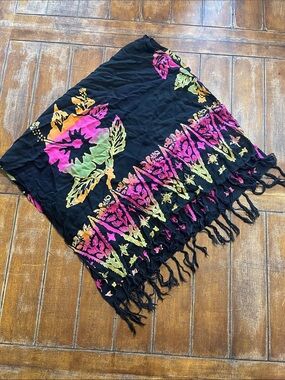 Black Floral Fringe Scarf Wrap with Pink & Green Accent